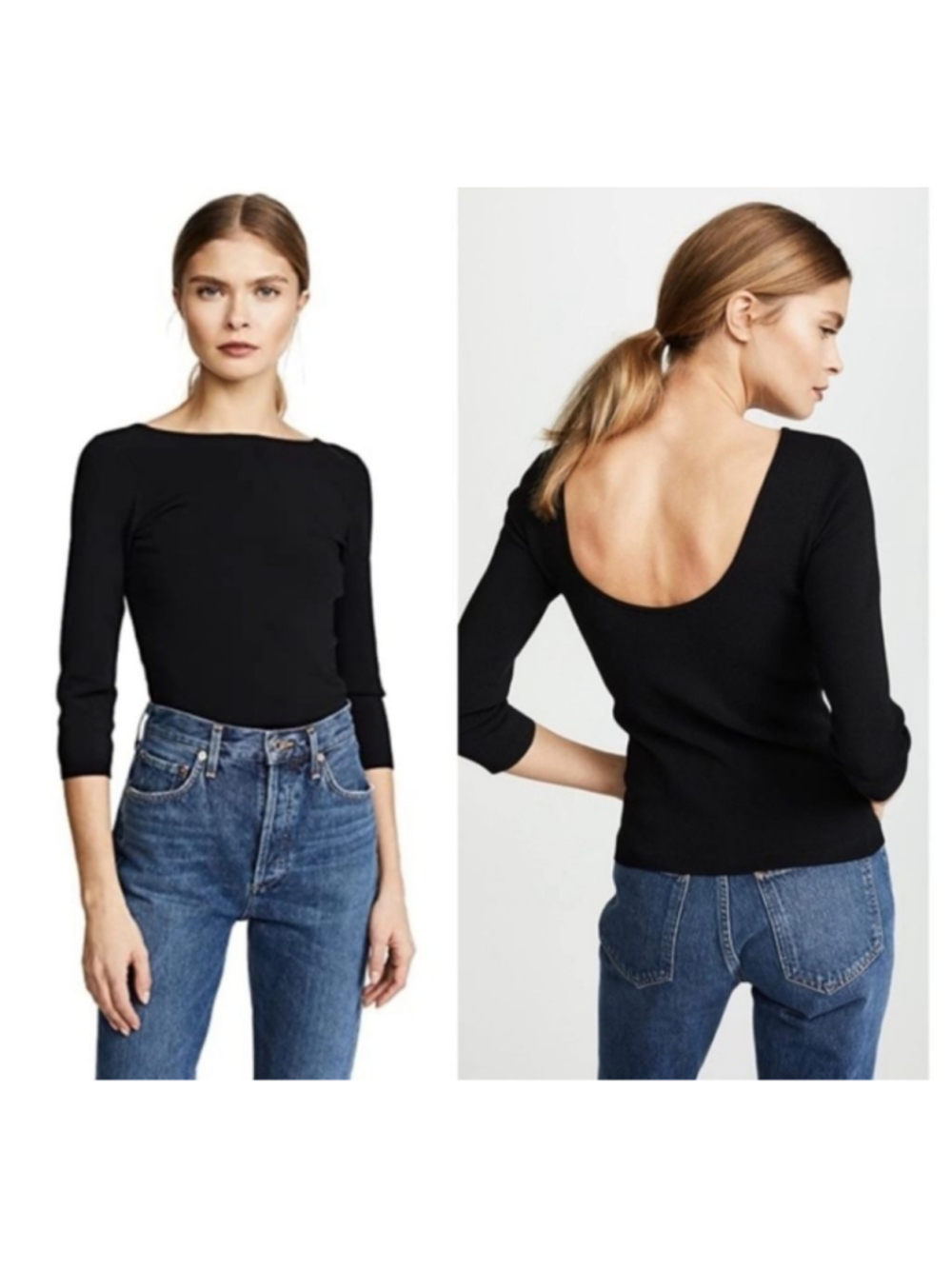 VINCE Black 3/4‎ Sleeve Low Back Knit Top L